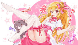 Rule 34 | 1girl, ass, blonde hair, blush stickers, bow, breasts, bridal garter, candy, candy cane, center frills, chinese commentary, commentary request, dress, food, frills, full body, hair bow, hair ornament, index finger raised, keisenko, knee up, leg up, lollipop, long hair, looking at viewer, neck ribbon, no shoes, open mouth, original, partial commentary, petticoat, pink background, pink bow, pink sash, puffy short sleeves, puffy sleeves, red eyes, red ribbon, ribbon, sash, short sleeves, sidelocks, small breasts, solo, star (symbol), stuffed animal, stuffed toy, teddy bear, thighhighs, thighs, tongue, tongue out, two-tone background, white background, white dress, white thighhighs, yangshangshu