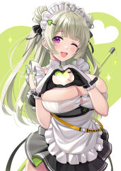 Rule 34 | 1girl, antenna hair, apron, arm cuffs, ascot, black dress, black gloves, black ribbon, blunt bangs, blush, breasts, broom, button gap, chest strap, cleavage, detached collar, detached sleeves, double bun, dress, frills, gloves, goddess of victory: nikke, green ascot, green hair, hair bun, hair ornament, hair ribbon, hairclip, heart, heart hands, highres, huge breasts, large breasts, long hair, maid, maid apron, maid headdress, one eye closed, open mouth, pink eyes, pleated skirt, puffy short sleeves, puffy sleeves, purple eyes, ribbon, short sleeves, skindentation, skirt, sleeveless, smile, soda (nikke), solo, thighhighs, two-tone gloves, upper body, urabi (tomatohouse), very long hair, white gloves, white thighhighs