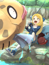 Rule 34 | 1girl, :d, blonde hair, collarbone, commentary request, creatures (company), cynthia (pokemon), day, dress, feebas, fishing, fishing rod, game freak, gen 3 pokemon, gen 4 pokemon, gible, hair ribbon, highres, holding, holding fishing rod, itsudzumi, long hair, long sleeves, moss, nintendo, open mouth, outdoors, pokemon, pokemon (anime), pokemon (creature), pokemon journeys, ribbon, shoes, smile, socks, sparkle, tongue, water, white socks