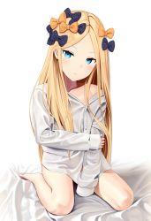 Rule 34 | 1girl, abigail williams (fate), absurdres, alternate costume, bare shoulders, bed sheet, black bow, blonde hair, blush, bow, closed mouth, collarbone, commentary request, dress shirt, fate/grand order, fate (series), forehead, hair bow, head tilt, highres, long hair, long sleeves, looking at viewer, naked shirt, orange bow, parted bangs, polka dot, polka dot bow, sanpeita, shirt, sitting, sleeves past fingers, sleeves past wrists, solo, very long hair, wariza, white background