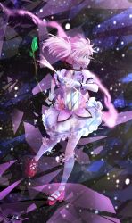 Rule 34 | 1girl, absurdres, arrow (projectile), black background, blurry, bokeh, bow (weapon), choker, depth of field, dress, facing to the side, frilled dress, frills, from side, gloves, highres, kaname madoka, kneehighs, looking to the side, magical girl, mahou shoujo madoka magica, mahou shoujo madoka magica (anime), mary janes, pink eyes, pink footwear, pink hair, ribbon choker, sengoku chidori, shoes, short hair, short twintails, socks, solo, twintails, weapon, white gloves