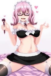 Rule 34 | 1girl, absurdres, arm at side, bare shoulders, black-framed eyewear, black ribbon, black skirt, black thighhighs, black tube top, blush, bow, breasts, cleavage, collar, covered erect nipples, detached collar, fingernails, frills, garter straps, glasses, gradient background, grey background, hair between eyes, hands up, heart, heart-shaped pupils, highres, holding, holding weapon, incro300, large breasts, looking at viewer, maid headdress, mole, mole under mouth, navel, neck ribbon, nose blush, open mouth, pink eyes, pink hair, pleated skirt, ren&#039;ai boukun, ribbon, semi-rimless eyewear, shiramine shikimi, sitting, skirt, smile, solo, spread legs, strapless, symbol-shaped pupils, thighhighs, thighs, tube top, twisted torso, weapon, white background, white bow, white collar, white frills, yandere