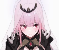 Rule 34 | 1girl, black cloak, blush, cloak, closed mouth, cropped, frown, highres, hololive, hololive english, long hair, mori calliope, nang z1, pink eyes, pink hair, see-through, simple background, solo, spikes, sweat, tiara, upper body, veil, virtual youtuber, white background