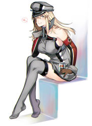 Rule 34 | 1girl, bismarck (kancolle), blonde hair, blue eyes, blush, breasts, can, cross, elbow gloves, gloves, grey thighhighs, hair between eyes, hat, head rest, heart, hiyoshi hana, holding, holding can, iron cross, kantai collection, large breasts, long hair, military, military uniform, no shoes, peaked cap, simple background, sitting, sleeveless, smile, solo, spoken heart, thighhighs, uniform, white background