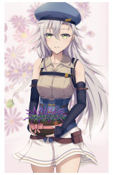 Rule 34 | 1girl, absurdres, beret, clothes lift, detached sleeves, double-parted bangs, eiyuu densetsu, fie claussell, floating clothes, floating hair, floral background, flower, flower pot, green eyes, hair between eyes, hat, highres, holding, holding flower pot, kuro no kiseki, kuro no kiseki ii, long hair, looking at viewer, skirt, skirt lift, smile, white hair, witch f