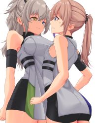 Rule 34 | 2girls, act (xadachit), arm behind back, back, blue eyes, breasts, closed mouth, commentary, commission, dated commentary, dress, english commentary, feet out of frame, girls&#039; frontline, girls&#039; frontline 2: exilium, grey dress, grey hair, grin, heterochromia, highres, large breasts, long hair, looking at another, multiple girls, open mouth, peritya (girls&#039; frontline 2), pink hair, ponytail, small breasts, smile, st ar-15 (girls&#039; frontline), standing, tactical clothes, teeth, uniform, white background, yellow eyes