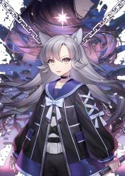 Rule 34 | 1girl, angry, animal ear fluff, animal ears, belt buckle, black choker, black jacket, black shorts, bow, brown eyes, buckle, chain, choker, collarbone, commentary request, cowboy shot, floating hair, grey hair, highres, holding, jacket, jenevan, long hair, long sleeves, looking at viewer, lower teeth only, open clothes, open mouth, original, puffy long sleeves, puffy sleeves, purple jacket, red hair, ribbon, school uniform, shirt, shorts, solo focus, standing, tagme, teeth, v-shaped eyebrows, very long hair, weapon, white bow, white ribbon, white shirt, wide sleeves