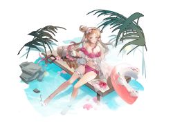 Rule 34 | 1girl, absurdres, animal ears, anklet, antenna hair, arknights, bare legs, bare shoulders, barefoot, bikini, breasts, brown hair, eyebrows, eyjafjalla (arknights), eyjafjalla (summer flower) (arknights), flower, food, hair flower, hair ornament, highres, horns, jewelry, lifebuoy, long hair, looking at viewer, navel, official alternate costume, outdoors, pink bikini, pink eyes, sheep ears, sheep horns, sitting, striped bikini, striped clothes, swim ring, swimsuit, swimsuit cover-up, tongue, tongue out, water, wavy hair, you zhaqi