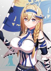 Rule 34 | 1girl, arknights, aya-cis, bare shoulders, blonde hair, blue eyes, blue hairband, blue necktie, blush, braid, breasts, commentary request, elbow gloves, flag, gloves, grey background, hairband, highres, horns, large breasts, long hair, looking at viewer, necktie, partial commentary, pointy ears, saileach (arknights), shirt, smile, solo, twin braids, upper body, white shirt
