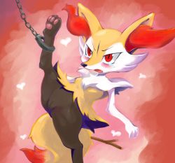 Rule 34 | 1girl, angry, animal ears, animal hands, bdsm, blush, bondage, bound, braixen, chain, creatures (company), cuffs, embarrassed, fang, feet, fox ears, fox tail, furry, furry female, game freak, gen 6 pokemon, heart, highres, leg lift, nintendo, open mouth, pawpads, pokemon, pokemon (creature), pussy, red background, red eyes, solo, spread legs, stick, tail, tears, teeth, uncensored