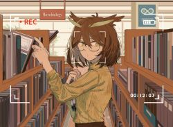 Rule 34 | 1girl, arknights, bad id, bad pixiv id, book, bookshelf, brown hair, english text, engrish text, feather hair, frown, glasses, green eyes, highres, holding, holding book, indoors, library, looking at viewer, orange sweater, ranguage, recording, rhine lab logo, short hair, silence (arknights), solo, striped clothes, striped sweater, sweater, tile floor, tiles, upper body, viewfinder, window, zy (zyyyyyyy9)