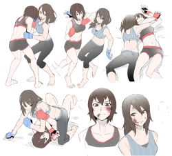 Rule 34 | 2girls, abs, arm triangle choke, barefoot, bike shorts, bruise, commentary request, face, girls und panzer, gloves, injury, judo, long hair, martial arts, mika (girls und panzer), mixed martial arts, multiple girls, muscular, nexas, nishizumi maho, short hair, shorts, sports bra, striped, striped sports bra, submission hold, tank top, wrestling