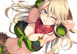 Rule 34 | 1girl, ;p, armpits, arms up, bandeau, bare shoulders, belt, blonde hair, blue eyes, breasts, brown belt, cleavage, collarbone, commentary request, cosplay, cowboy shot, detached sleeves, dutch angle, front-tie top, green bandeau, green skirt, green sleeves, groin, hair between eyes, hat on back, holster, iowa (kancolle), kantai collection, large breasts, light particles, long hair, looking at viewer, midriff, navel, one eye closed, outdoors, puffy detached sleeves, puffy sleeves, red scarf, scarf, sheriff badge, sidelocks, simple background, skirt, solo, standing, star-shaped pupils, star (symbol), symbol-shaped pupils, taiki shuttle (umamusume), taiki shuttle (umamusume) (cosplay), tongue, tongue out, umamusume, white background, yasume yukito