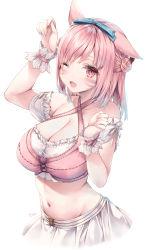 Rule 34 | 1girl, absurdres, animal ears, warrior of light (ff14), blush, breasts, cat ears, cleavage, criss-cross halter, facial mark, final fantasy, final fantasy xiv, gradient hair, halterneck, highres, hime gyo, large breasts, medium hair, midriff, miqo&#039;te, multicolored hair, navel, one eye closed, open mouth, paw pose, pink hair, red eyes, solo, whisker markings, white background, wrist cuffs