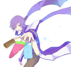 Rule 34 | 1boy, bad id, bad pixiv id, between fingers, blue eyes, blue hair, blue scarf, food, holding, ice cream, kaito (vocaloid), male focus, matching hair/eyes, popsicle, scarf, simple background, solo, sparkle, tsujisaki (coa3), tujisaki, vocaloid, watermelon bar, white background