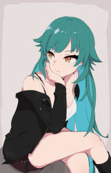 Rule 34 | 1girl, absurdres, bare shoulders, black bra, black footwear, black jacket, black shorts, boots, bra, breasts, camisole, casual, colored inner hair, crossed legs, earrings, elbow rest, expressionless, green hair, green nails, hand on own cheek, hand on own face, head rest, highres, jacket, jewelry, kitakoji hisui, long hair, long sleeves, looking back, medium breasts, multicolored hair, nail polish, nijisanji, off shoulder, pre sktch, shirt, shorts, sitting, solo, underwear, very long hair, virtual youtuber, white shirt, yellow eyes, zipper