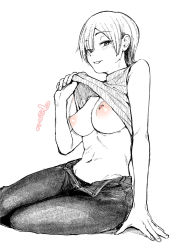 Rule 34 | 1girl, 5saiji, breasts, clothes lift, come hither, denim, greyscale, half-closed eyes, highres, jeans, large breasts, looking at viewer, midriff, monochrome, navel, nipples, no bra, open fly, original, pants, seductive smile, shirt lift, short hair, simple background, sitting, smile, solo, teasing, white background
