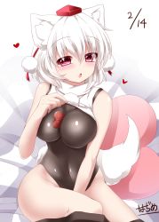 Rule 34 | 1girl, albino, animal ears, bad id, bad pixiv id, bare shoulders, between breasts, blush, breasts, clothes lift, crop top, hajime (ak-r), hat, highres, inubashiri momiji, large breasts, one-piece swimsuit, red eyes, shirt, shirt lift, sleeveless, sleeveless shirt, solo, swimsuit, swimsuit under clothes, tail, tokin hat, touhou, valentine, white hair, wolf ears, wolf tail