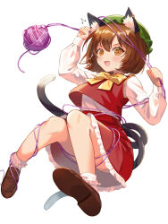 Rule 34 | 1girl, :d, ^^^, animal ear fluff, animal ears, blush, bobby socks, bow, brown eyes, brown footwear, brown hair, cat ears, cat girl, cat tail, chen, commentary request, convenient leg, entangled, frilled skirt, frills, full body, highres, kirisita, loafers, long sleeves, looking at viewer, multiple tails, open mouth, red skirt, red vest, shirt, shoes, short hair, skirt, smile, socks, solo, sweatdrop, tail, touhou, two tails, vest, white background, white shirt, white socks, yarn, yarn ball, yellow bow