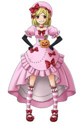 1girl absurdres blonde_hair dress full_body highres lambdadelta pink_dress red_eyes ribbon smile sprite sprite_art umineko_no_naku_koro_ni