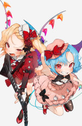 Rule 34 | 2girls, artist name, bat wings, black bow, black gloves, black socks, blonde hair, blue hair, blush, bow, clenched teeth, commentary request, crystal, dress, electric guitar, fang, fingerless gloves, flandre scarlet, forehead, gloves, gotou (nekocat), grey background, guitar, hat, hat bow, highres, holding, holding instrument, instrument, jackson rhoads, juliet sleeves, kneehighs, long hair, long sleeves, looking at viewer, mini hat, mob cap, multiple girls, nail polish, open mouth, pink dress, pink headwear, pointing, puffy sleeves, red bow, red dress, red eyes, red footwear, red nails, remilia scarlet, shoes, short hair, short sleeves, siblings, side ponytail, signature, simple background, sisters, socks, teeth, touhou, uneven eyes, white headwear, wings