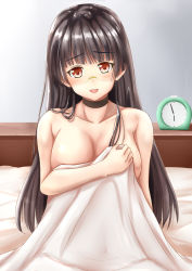 Rule 34 | 1girl, :d, bed, bed sheet, black hair, blush, breasts, choker, choukai (kancolle), cleavage, clock, collarbone, covering privates, covering breasts, glasses, head tilt, highres, kantai collection, koru pera, large breasts, long hair, looking at viewer, naked sheet, open mouth, red eyes, rimless eyewear, smile, solo