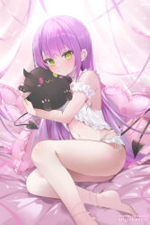 Rule 34 | 1girl, barefoot, bed, bed sheet, blush, closed mouth, demon girl, demon tail, ear piercing, hololive, looking at viewer, mujinbensin, navel, hugging object, on bed, piercing, pillow, purple hair, purple nails, sitting, skirt, solo, stuffed toy, tail, tokoyami towa, virtual youtuber