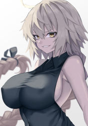 Rule 34 | 1girl, absurdres, ahoge, alternate hairstyle, black ribbon, blurry, blurry background, braid, breasts, commentary request, covered navel, depth of field, fate/grand order, fate (series), grin, hair ribbon, highres, huge filesize, impossible clothes, imuzi, jeanne d&#039;arc (fate), jeanne d&#039;arc alter (avenger) (fate), jeanne d&#039;arc alter (fate), large breasts, long hair, looking at viewer, pale skin, parted lips, ribbon, sideboob, silver hair, simple background, single braid, sleeveless, smile, solo, upper body, v-shaped eyebrows, very long hair, white background, yellow eyes