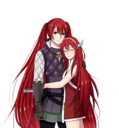 Rule 34 | 2girls, caeldori (fire emblem), collar, dress, family, fire emblem, fire emblem awakening, fire emblem fates, garter straps, gloves, gradient background, hairband, highres, hug, leather, leather gloves, long hair, mother and daughter, multiple girls, nintendo, plate, ponytail, red dress, red eyes, red hair, selena (fire emblem fates), severa (fire emblem), shoulder pads, smile, thighs, very long hair, white dress, winged hair ornament