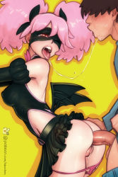 Rule 34 | 10s, 1boy, 1girl, anal, ass, bare shoulders, bat wings, bbc-chan, belt, black skirt, boku no hero academia, bow, breasts, cleft of venus, clothed sex, covered erect nipples, domino mask, elbow gloves, eyelashes, faceless, faceless male, frilled skirt, frills, from side, gloves, hair bow, haneyama kazuho, hetero, highleg, highleg leotard, highres, hip vent, leotard, looking back, low wings, mask, medium breasts, mini wings, miniskirt, one eye closed, panties, panty pull, penis, pink hair, pink panties, pleated skirt, pop step, pussy, pussy juice, red eyes, saliva, saliva trail, sex, skirt, solo focus, tearing up, tongue, tongue out, twintails, uncensored, underwear, vigilante -boku no hero academia: illegals-, watermark, web address, wings, yellow background