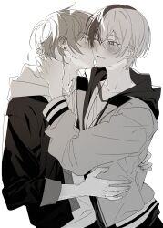 Rule 34 | 2boys, aoyagi touya, blush, closed eyes, commentary, couple, earrings, fingernails, greyscale, hair between eyes, hand on another&#039;s neck, highres, hood, hood down, hooded jacket, jacket, jewelry, kiss, kissing cheek, long sleeves, male focus, mole, mole under eye, monochrome, multicolored hair, multiple boys, open clothes, open jacket, project sekai, samgak, shinonome akito, short hair, sleeves past elbows, smile, split-color hair, symbol-only commentary, two-tone hair, upper body, white background, yaoi