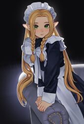 Rule 34 | 1girl, blonde hair, dungeon meshi, elf, green eyes, maid, maid headdress, marcille donato, pawsup, pointy ears
