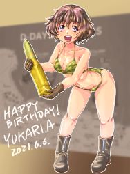 Rule 34 | 1girl, :d, absurdres, akiyama yukari, arched back, bikini, black footwear, black gloves, boots, breasts, brown eyes, brown hair, camouflage, camouflage bikini, character name, cleavage, commentary request, dated, english text, full body, girls und panzer, gloves, green bikini, happy birthday, highres, hinobori tsutomu, holding, leaning forward, looking at viewer, medium hair, messy hair, navel, open mouth, outline, short hair, smile, solo, string bikini, swimsuit, tank shell, white outline