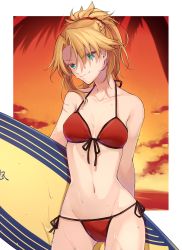 Rule 34 | 1girl, beach, bikini, blonde hair, breasts, fate/apocrypha, fate/grand order, fate (series), green eyes, halterneck, holding, holding behind back, kan&#039;yu (citron 82), looking at viewer, mordred (fate), mordred (fate) (all), mordred (fate/apocrypha), mordred (swimsuit rider) (fate), mordred (swimsuit rider) (first ascension) (fate), navel, ocean, ponytail, red bikini, smile, solo, string bikini, sunset, surfboard, swimsuit
