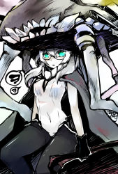 Rule 34 | 10s, 1girl, abyssal ship, aqua eyes, bespectacled, bodysuit, colored skin, glasses, gloves, glowing, glowing eyes, kaisanbutsu, kantai collection, monster, open mouth, pantyhose, personification, sitting, solo, staff, translated, turret, white hair, white skin, wo-class aircraft carrier