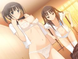 Rule 34 | 00s, 2girls, adjusting clothes, adjusting panties, black eyes, black hair, blush, bow, bow bra, bow panties, bra, bra pull, breasts, brown eyes, brown hair, clothes pull, fault!!, game cg, highres, lingerie, locker, locker room, long hair, medium breasts, multiple girls, navel, nipples, open clothes, open shirt, panties, panty pull, ponytail, saeki ai, school uniform, shirt, short hair, small breasts, smile, striped clothes, striped panties, sugiyama mio, thighhighs, tony taka, twintails, underwear, undressing, white bra, white panties