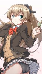 Rule 34 | 1girl, 547th sy, ass, black panties, blazer, blue eyes, bow, bowtie, brown cardigan, brown hair, brown jacket, brown skirt, cardigan, cherry blossoms, collared shirt, dango, food, hair between eyes, highres, holding, holding food, jacket, kantai collection, kumano (kancolle), long hair, long sleeves, looking at viewer, open clothes, open jacket, panties, petals, pleated skirt, ponytail, red bow, red bowtie, sanshoku dango, school uniform, shirt, skewer, skirt, smile, solo, underwear, wagashi, white shirt