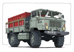 Rule 34 | gatling santouhei, gaz-66, highres, license plate, military, military truck, military vehicle, motor vehicle, no humans, original, shipping container, spare tire, truck, vehicle focus