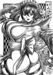 Rule 34 | 1girl, armpits, ass, bare shoulders, breasts, cleavage, curvy, flower, from side, huge ass, huge breasts, iroha (samurai spirits), leotard, looking at viewer, monochrome, revealing clothes, samurai spirits, short hair, sideboob, skidrow, skindentation, thong, thong leotard, traditional media, wide hips