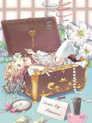Rule 34 | 1girl, :d, ankle ribbon, babydoll, bad id, bad pixiv id, blonde hair, blue eyes, bow, bracelet, breasts, english text, flower, garter belt, garter straps, gem, green skirt, hair flower, hair ornament, holding, in container, jewelry, key, leg ribbon, lily (flower), long hair, looking at viewer, lying, medium breasts, mini person, minigirl, miniskirt, nail polish bottle, no shoes, on back, open mouth, original, outstretched hand, parted lips, pearl (gemstone), pocket watch, ribbon, ring, skirt, sleeveless, smile, solo, spaghetti strap, thighhighs, treasure chest, unworn jewelry, unya (unya-unya), watch, wavy hair, white thighhighs