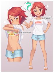 Rule 34 | 1girl, :d, ?, absurdres, bikini, blush, border, breasts, brown eyes, child, closed mouth, clothes lift, collarbone, commentary, creatures (company), english commentary, english text, eyelashes, game freak, gazing eye, grey background, grey shorts, hand on own hip, highres, knees, lifting own clothes, multiple views, navel, nintendo, open fly, open mouth, pokemon, pokemon masters ex, red hair, sandals, shirt, shirt lift, short sleeves, shorts, smile, sparkle, spoken question mark, standing, striped bikini, striped clothes, swept bangs, swimsuit, teeth, tina (pokemon), toes, tongue, upper teeth only, v, white border, white shirt