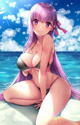 Rule 34 | &gt;:), 10s, 1girl, arm support, bare shoulders, bb (fate), bb (fate/extra), between legs, bikini, black bikini, blue sky, blunt bangs, blush, breasts, closed mouth, cloud, cloudy sky, collarbone, day, fate/extra, fate/extra ccc, fate/grand order, fate (series), groin, hair ribbon, hand between legs, hand on own chest, highres, large breasts, left-handed, long hair, looking at viewer, nano (syoutamho), ocean, outdoors, purple eyes, purple hair, ribbon, sitting, skindentation, sky, smile, smug, solo, sparkle, stomach, swimsuit, thighs, underboob, very long hair, yokozuwari