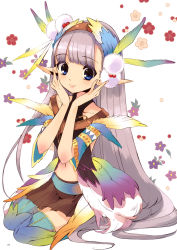 Rule 34 | 1girl, absurdres, blue eyes, blunt bangs, colorful, elf, grey hair, hands on own face, highres, ito noizi, long hair, navel, original, pointy ears, sitting, smile, solo, thighhighs, very long hair, wariza, zettai ryouiki