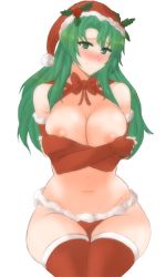 Rule 34 | 1girl, areola slip, blush, bow, bowtie, breasts, cecilia (fire emblem), christmas, cleavage, closed mouth, covering privates, covering breasts, curvy, embarrassed, eye contact, facing viewer, fingerless gloves, fire emblem, fire emblem: the binding blade, fire emblem heroes, gloves, green eyes, green hair, hair between eyes, hair ornament, hat, highres, large breasts, long hair, looking at another, looking at viewer, mistletoe, navel, nintendo, nipple slip, nipples, panties, ribbon, santa costume, santa hat, smile, thighhighs, topless, transparent background, tridisart, underwear