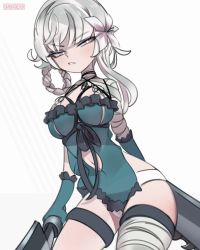 Rule 34 | bandaged leg, bandages, blue dress, braid, braided hair rings, breasts, bright pupils, dress, dual wielding, flower, frown, grey hair, hair flower, hair ornament, hair rings, highres, holding, holding sword, holding weapon, kaine (nier), lingerie, medium breasts, medium hair, navel, negligee, nier, nier (series), onionsketch, parted lips, solo, sword, thigh strap, underwear, weapon, white flower, white pupils
