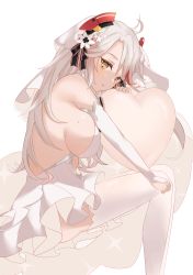 Rule 34 | 1girl, ahoge, azur lane, backless dress, backless outfit, bare shoulders, breasts, bridal gauntlets, bride, clothing cutout, commentary request, detached sleeves, dress, flower, frilled skirt, frills, from side, hair flower, hair ornament, headgear, heart, heart-shaped pillow, highres, inanami, large breasts, long hair, looking at viewer, mole, mole on breast, navel, navel cutout, pillow, prinz eugen (azur lane), prinz eugen (symphonic fate) (azur lane), sideboob, simple background, skirt, solo, thighhighs, wedding dress, white background, white dress, white hair, white theme, white thighhighs, yellow eyes
