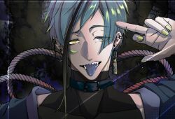 Rule 34 | 1boy, absurdres, bishounen, black background, black collar, black jacket, black shirt, blue eyes, blue hair, blue nails, blue tongue, collar, colored tongue, ear chain, ear piercing, earrings, floyd leech, green hair, half-closed eyes, hand up, highres, jacket, jewelry, looking at viewer, male focus, middle finger, multicolored hair, open clothes, open jacket, open mouth, piercing, rope, sharp teeth, shirt, short hair, skin tight, sleeveless, slit pupils, solo, streaked hair, teeth, tongue, tongue out, tuboya111, turtleneck, twisted wonderland, upper body, yellow eyes