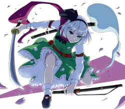 1girl arm_belt belt black_hairband bloomers blue_eyes closed_mouth commentary_request falling_petals flower green_skirt green_vest grey_hair hairband highres hitodama hitodama_print holding holding_sword holding_weapon katana konpaku_youmu konpaku_youmu_(ghost) long_sleeves okeyadeokya petals pink_petals red_scarf scarf sheath sheathed shirt shoes skirt skirt_set socks solo sword touhou underwear unsheathed vest weapon white_bloomers white_shirt white_socks