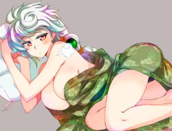 Rule 34 | 1girl, areola slip, arm out of sleeve, asymmetrical hair, bare shoulders, black panties, braid, braided ponytail, breasts, brown eyes, cleavage, japanese clothes, kantai collection, kusanagi tonbo, large breasts, long hair, off shoulder, panties, silver hair, single braid, solo, underwear, unryuu (kancolle), very long hair