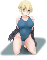 Rule 34 | 1girl, bad id, bad pixiv id, bare shoulders, barefoot, black jacket, blonde hair, blue eyes, blue one-piece swimsuit, blush, breasts, closed mouth, collarbone, commentary, competition swimsuit, degarashi pack, full body, girls&#039; frontline, groin, hair between eyes, hair ornament, highres, jacket, kneeling, large breasts, looking at viewer, mole, mole under eye, off shoulder, one-piece swimsuit, shadow, short hair, sidelocks, simple background, snowflake hair ornament, solo, swimsuit, vsk-94 (girls&#039; frontline), white background